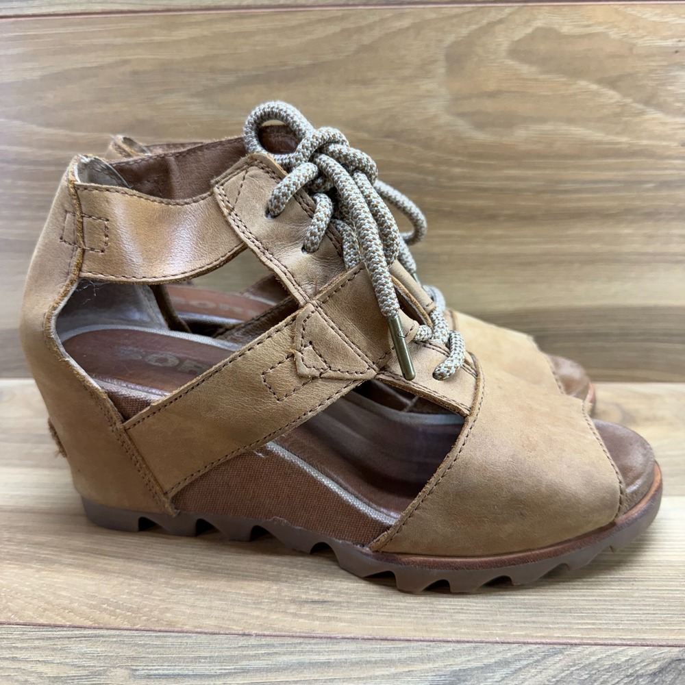 Sorel Joanie II Lace Wedge Sandals Womens 8.5 Tan Leather Peep‎ Toe